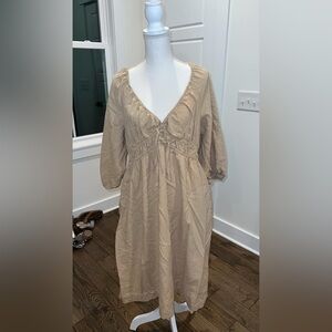 Universal Thread Khaki Tan Tie-Front 3/4 Puff Sleeve Midi Dress